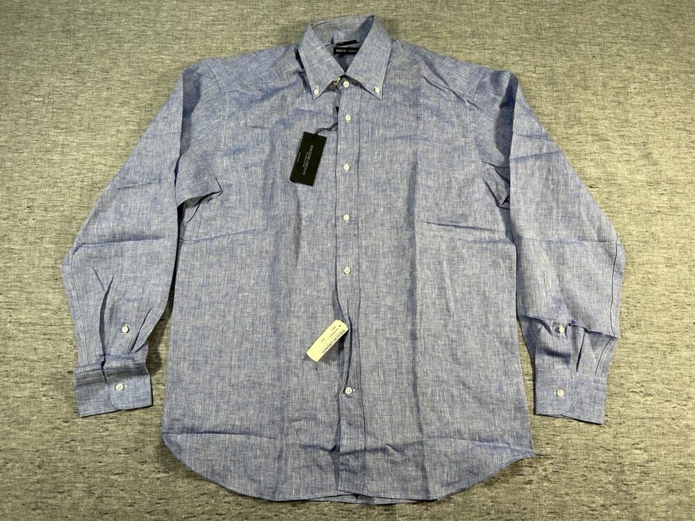 Bergdorf Goodman Linen Shirt Mens Medium Blue Long Sleeve Button-Up Italy